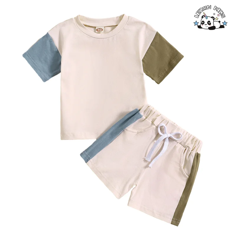 LEZONKIDS - New Fashion Kid Suit Solid Color Block Boy Set Short Sleeve T Shirt Shorts 2 Piece Child Jogger Set
